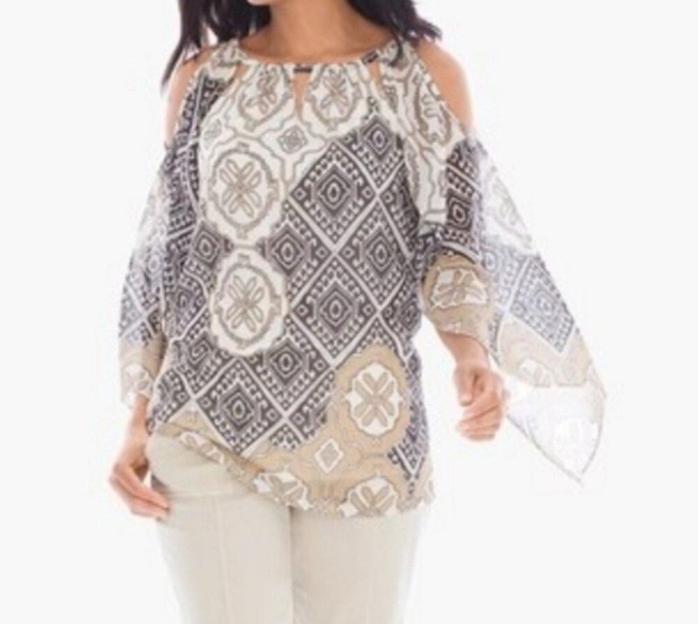 Chico’s Cold Shoulder Split Sleeve Cut Out Blouse Size 2 Woman’s Top Holiday